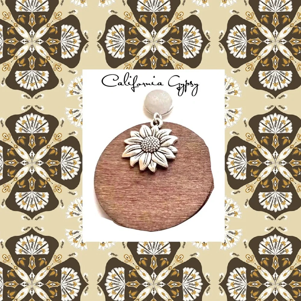 Sunflower Charm Round Wood Earring - Picture 2 of 7
